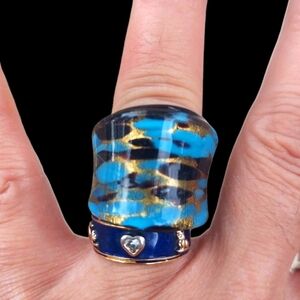 Vintage Murano Style Handblown Blue Black Gold Glass Statement Ring Sz 7